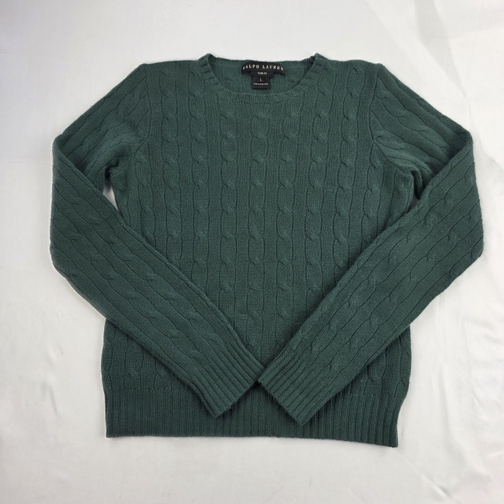 Ralph Lauren Black Label Sweater Womens Large Green 100% Cashmere Cable Knit
